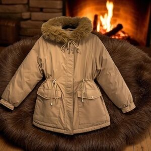 Puffit Faux Fur Mid-Length Hooded Drawstring Parka. NWT